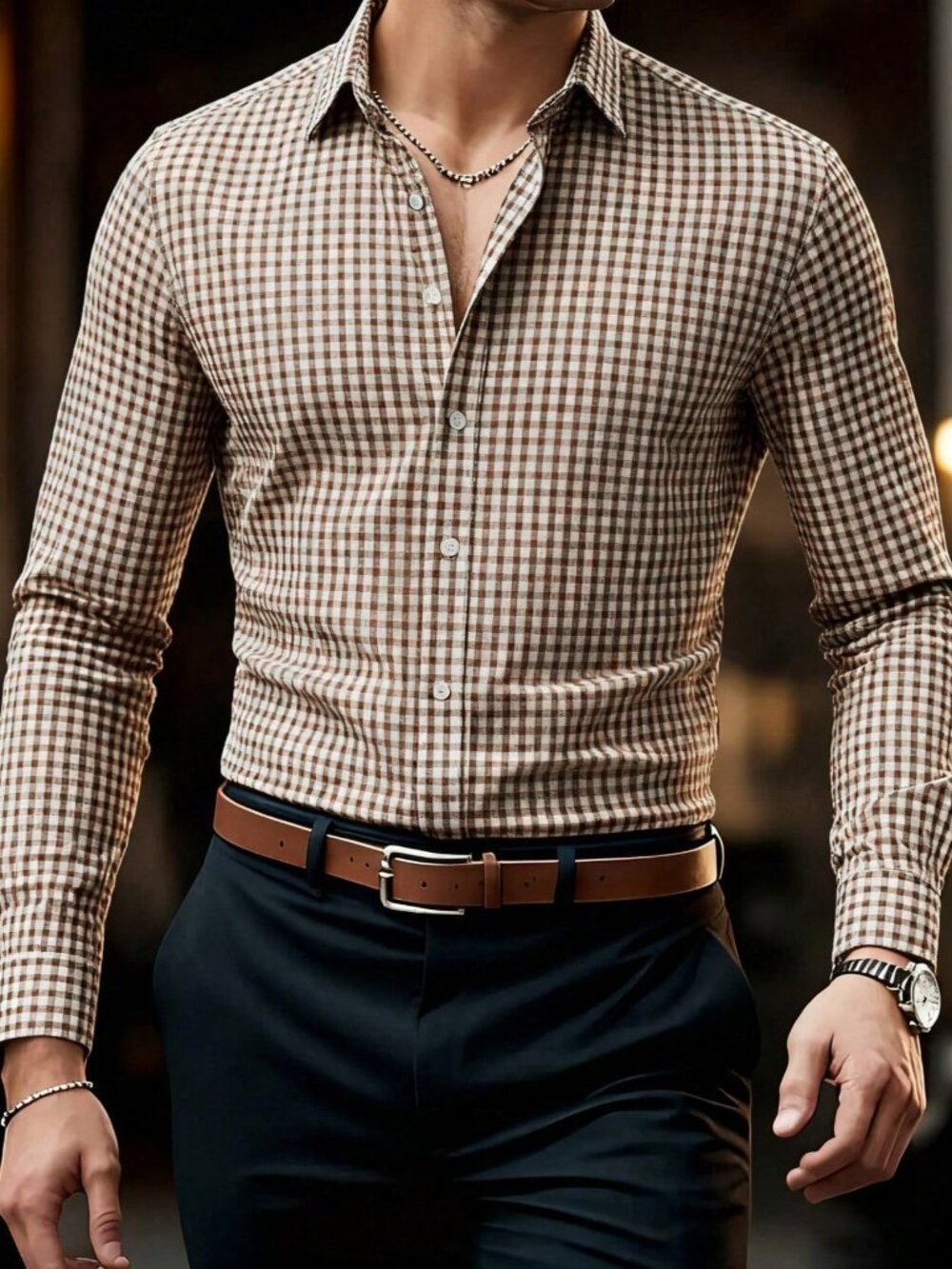 Brown Casual Men's Plaid Long Sleeve Shirt